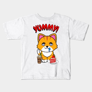 Cute orange cat is having coffee and cake Kids T-Shirt